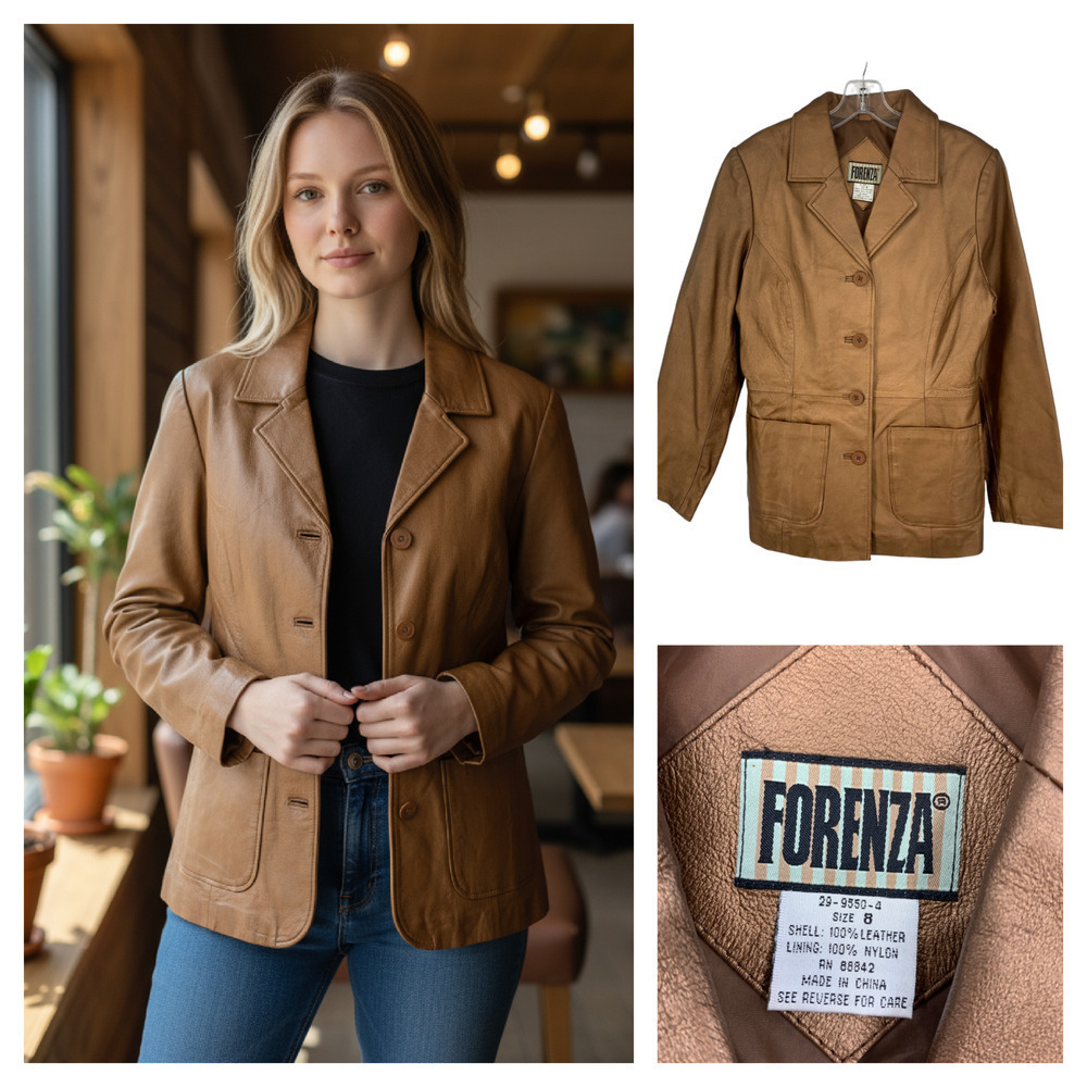 Vintage 1980's Forenza x The Limited Sz 8 Copper Leather 4 Button Blazer Jacket - Picture 1 of 7